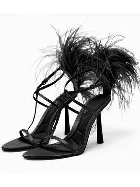 Zara Black Feather High Heel Sandals NWT